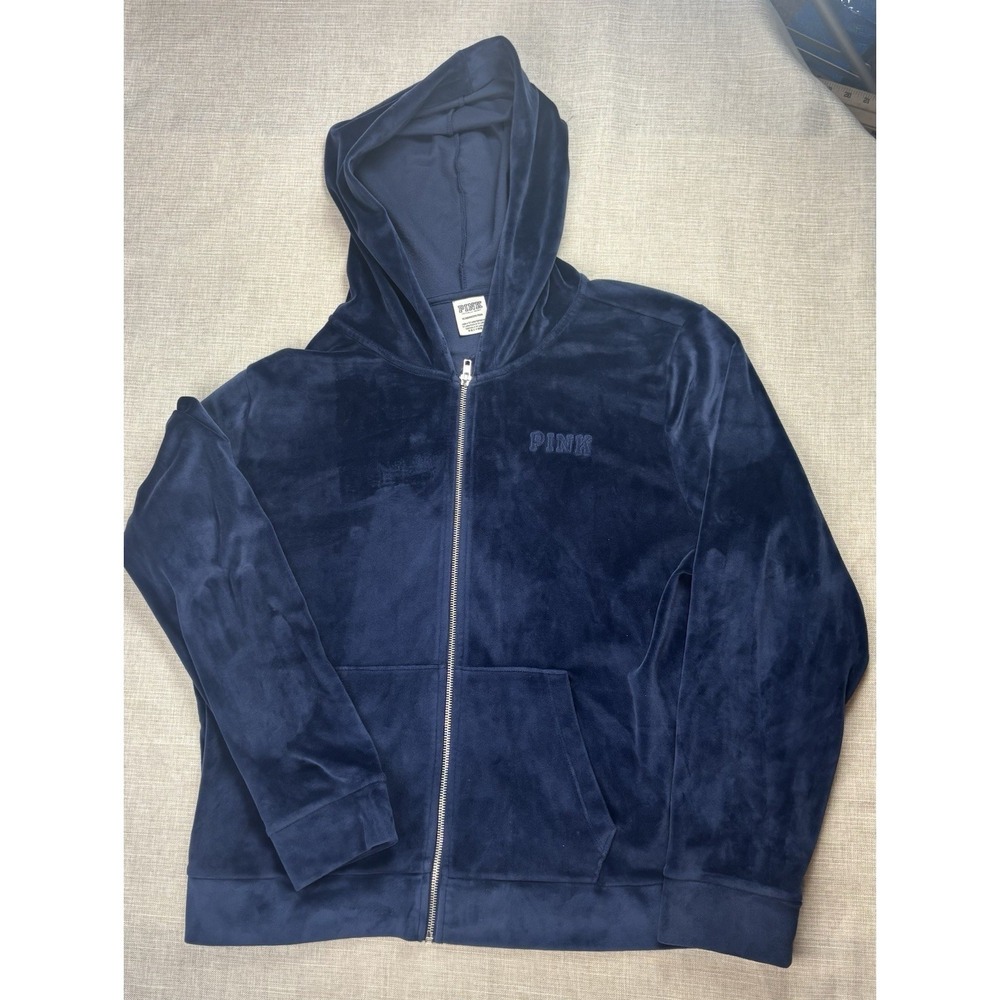 Victoria's Secret PINK VELVET VELOUR FULL-ZIP Hoodie Logo Navy Blue XL